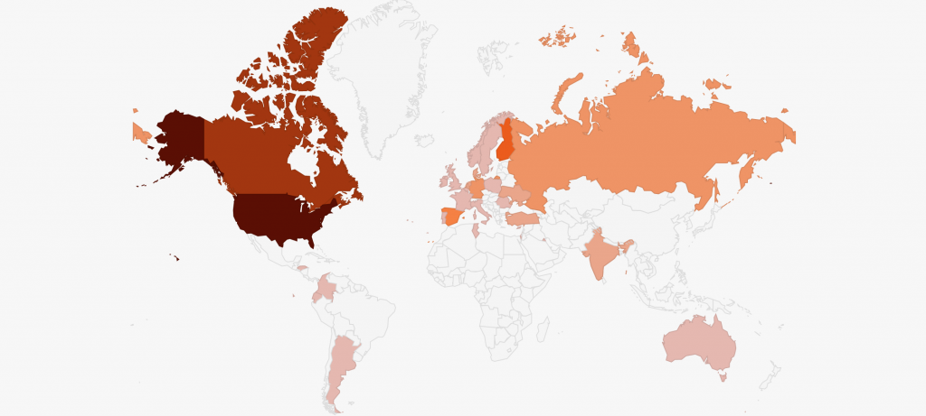 This map contains playtesters' location marked with different colors based on amount in each country