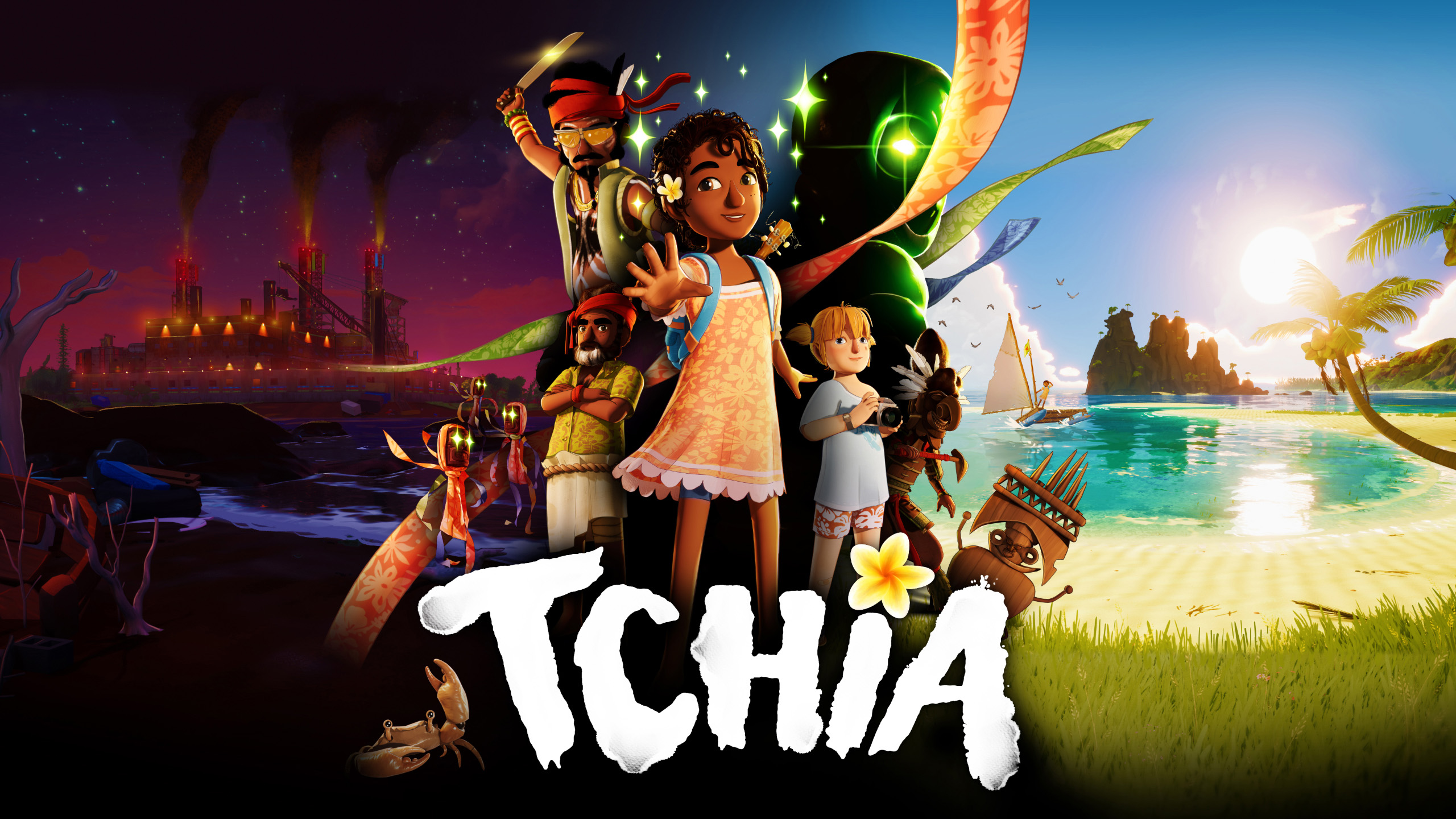 Horizontal artwork of Tchia game with its main characters and logo.