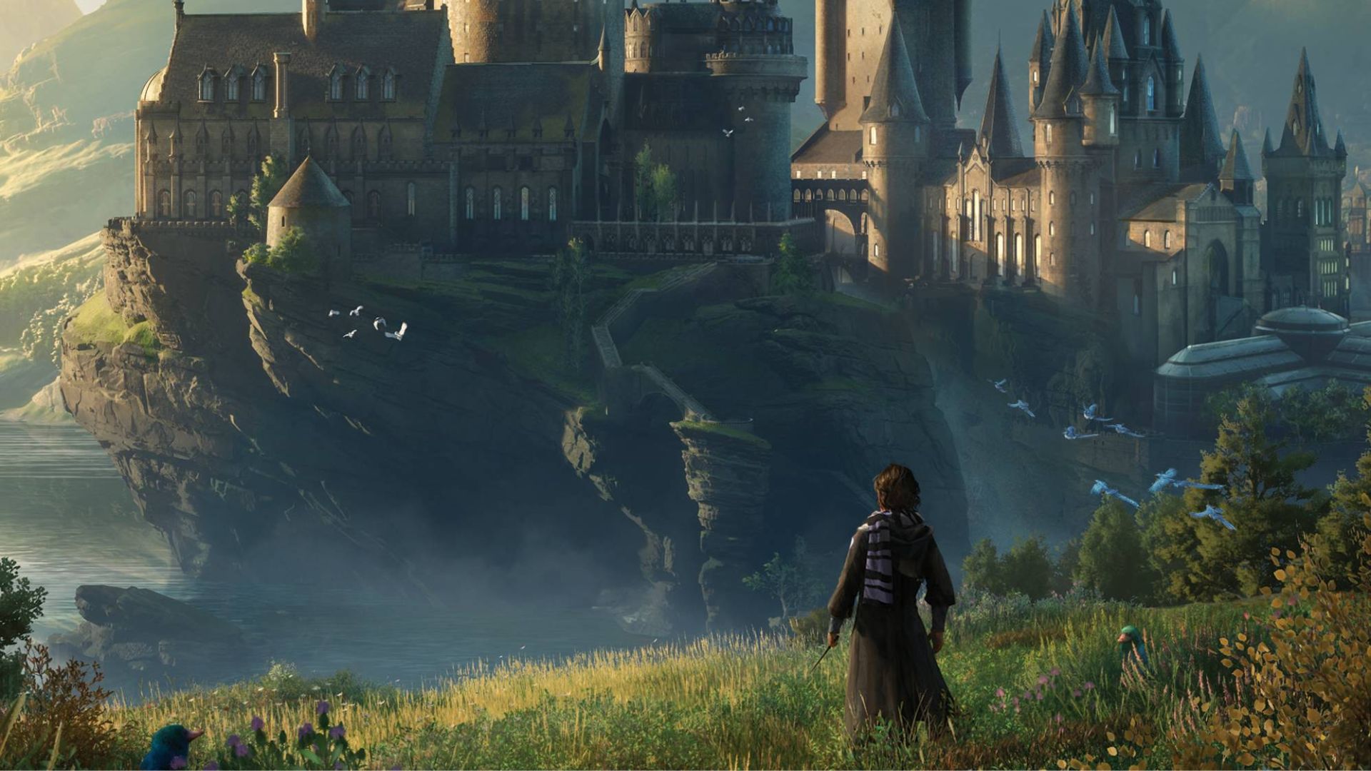 Hogwarts Legacy UX Review - Hogwarts Legacy Image. A person standing on top of a mountain, overlooking the Hogwarts Castle.