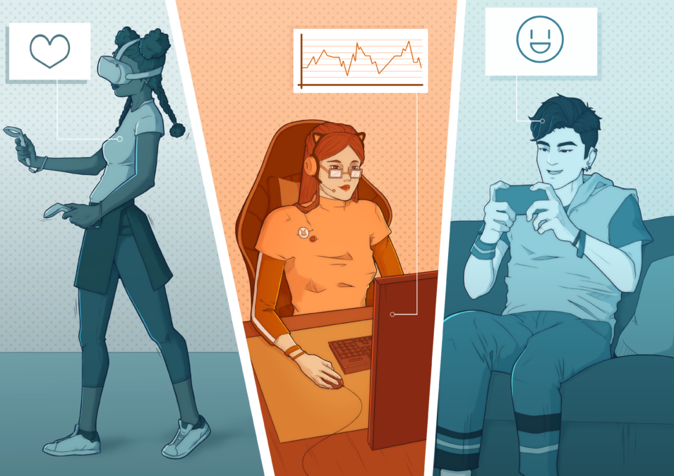 Antidote User Research, Playtesting, and Market Research Solution for Game Studios and Publishers. Illustration of three people playing video games on different platforms: Virtual Reality, PC, and Mobile.