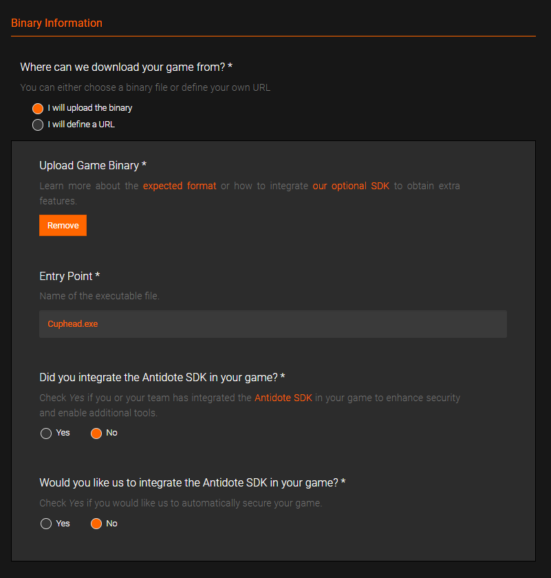 An image showing the game upload process for the Antidote platform